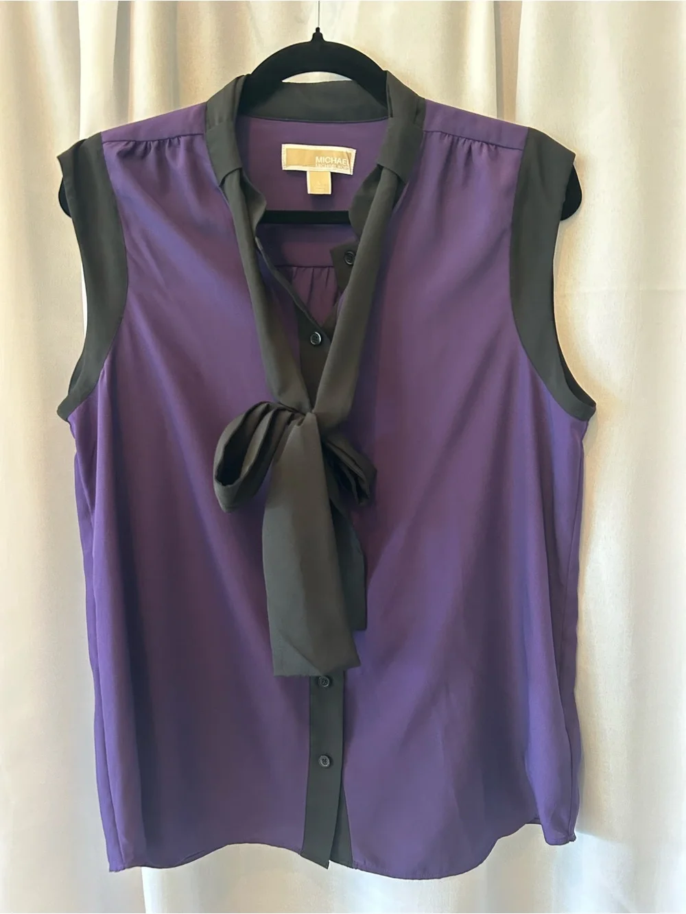 Michael Kors Purple Sleeveless Tie-Neck Blouse with Black Trim
